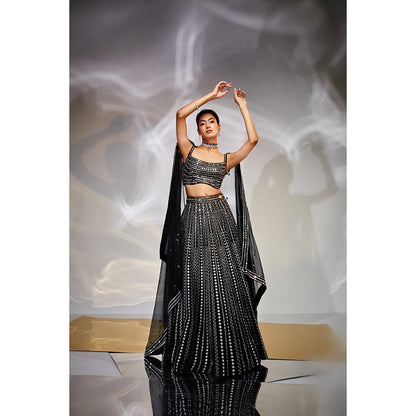AKARA Women's Midnight Black Mirror Work Stitched Blouse with Lehenga and Dupatta (Set of 3)