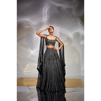 AKARA Women's Midnight Black Mirror Work Stitched Blouse with Lehenga and Dupatta (Set of 3)
