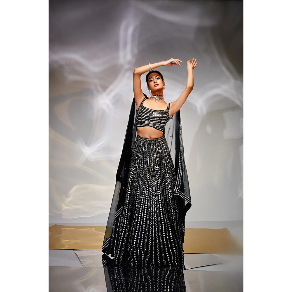 AKARA Women's Midnight Black Mirror Work Stitched Blouse with Lehenga and Dupatta (Set of 3)