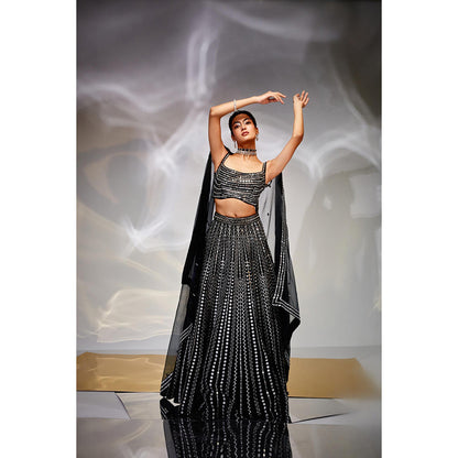 AKARA Women's Midnight Black Mirror Work Stitched Blouse with Lehenga and Dupatta (Set of 3)