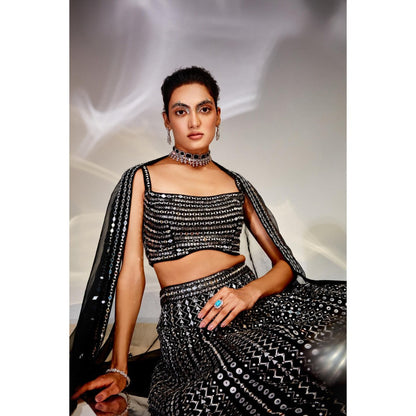 AKARA Women's Midnight Black Mirror Work Stitched Blouse with Lehenga and Dupatta (Set of 3)