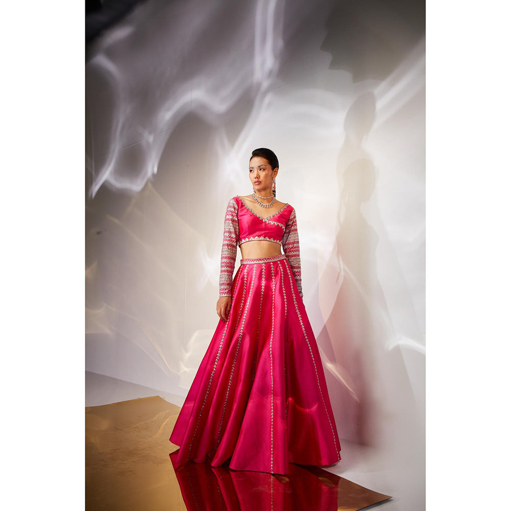 AKARA Women's Pink Embellished Stitched Blouse with Lehenga and Dupatta (Set of 3)
