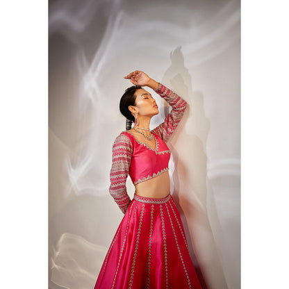 AKARA Women's Pink Embellished Stitched Blouse with Lehenga and Dupatta (Set of 3)