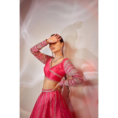 AKARA Women's Pink Embellished Stitched Blouse with Lehenga and Dupatta (Set of 3)