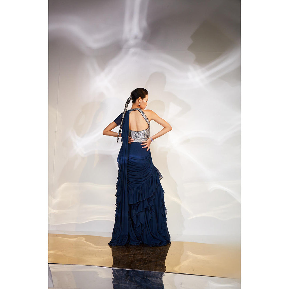AKARA Women's Blue Embellished Pre Drape Saree with Stitched Blouse & Belt