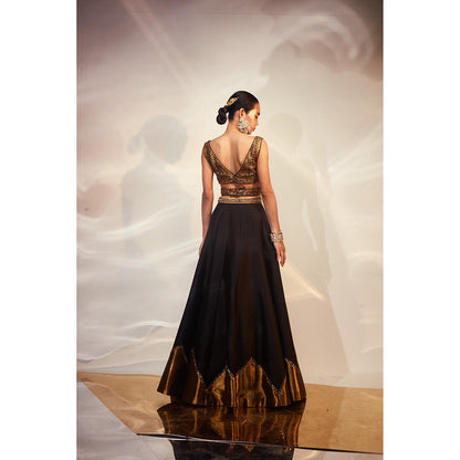 AKARA Women's Black & Gold Embellished Stitched Blouse with Lehenga and Dupatta (Set of 3)