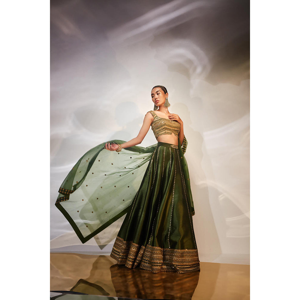 AKARA Women's Green Embellished Stitched Blouse with Lehenga and Dupatta (Set of 3)