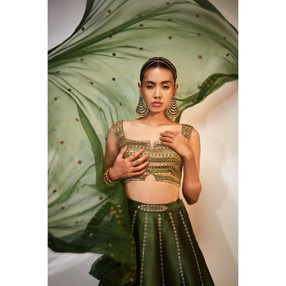 AKARA Women's Green Embellished Stitched Blouse with Lehenga and Dupatta (Set of 3)