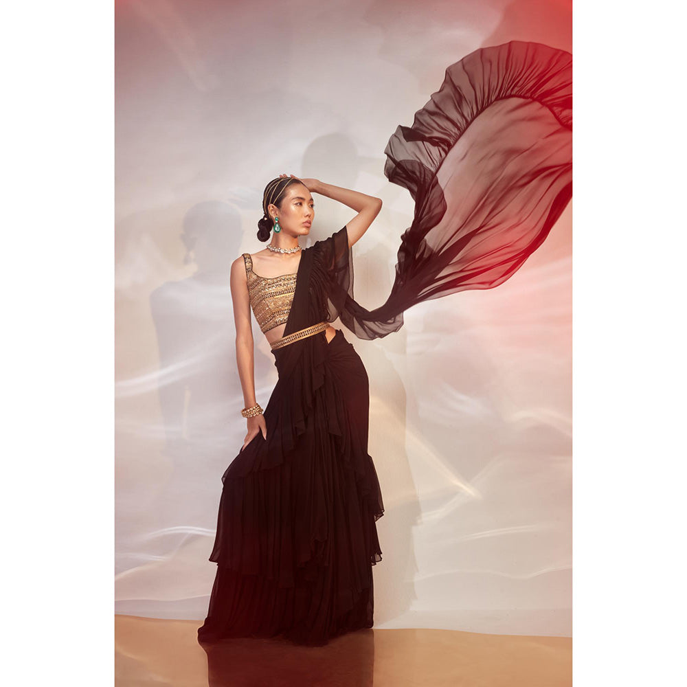 AKARA Women's Black Embellished Pre Drape Saree with Stitched Blouse & Belt