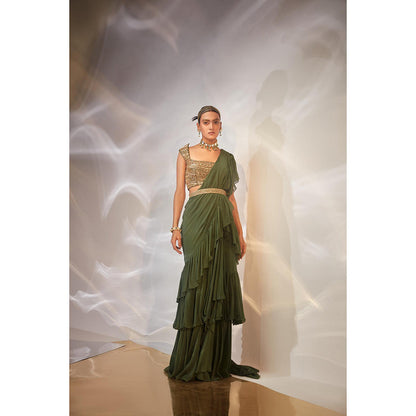 AKARA Women's Ruffle Embellished Pre Drape Saree with Stitched Blouse & Belt