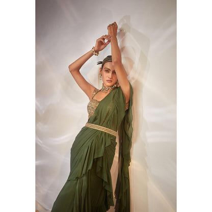 AKARA Women's Ruffle Embellished Pre Drape Saree with Stitched Blouse & Belt