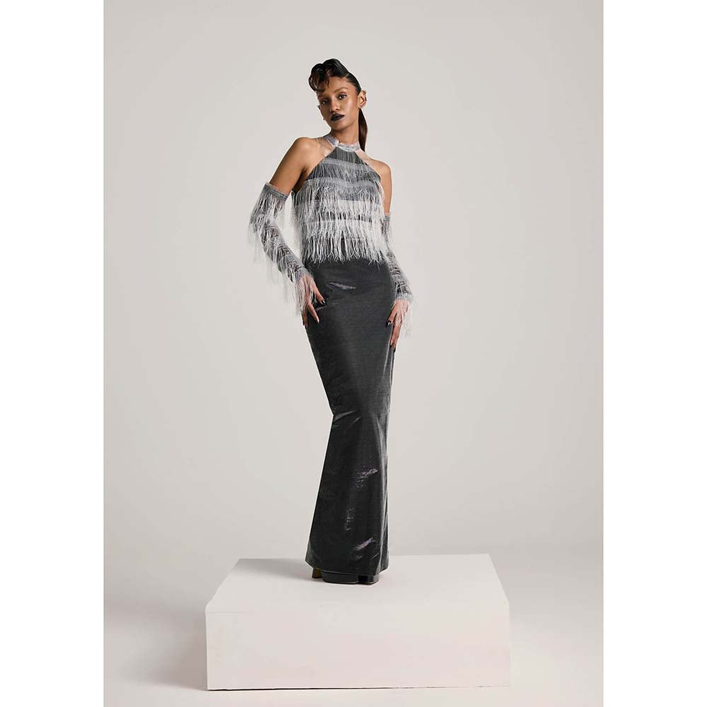 AKHL Charcoal Glass Halter Fringe Dress