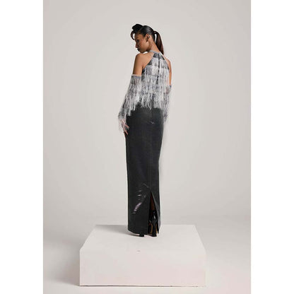 AKHL Charcoal Glass Halter Fringe Dress