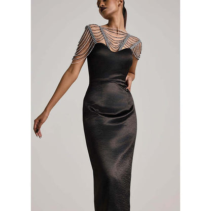 AKHL Black Textured Satin Sequins Pencil Dress