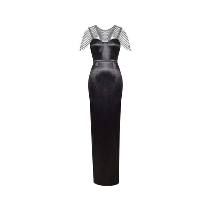 AKHL Black Textured Satin Sequins Pencil Dress