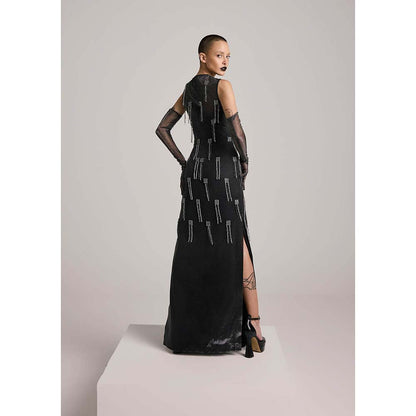AKHL Charcoal Lurex Tulle Sequins Tassel Dress with Slip (Set of 2)