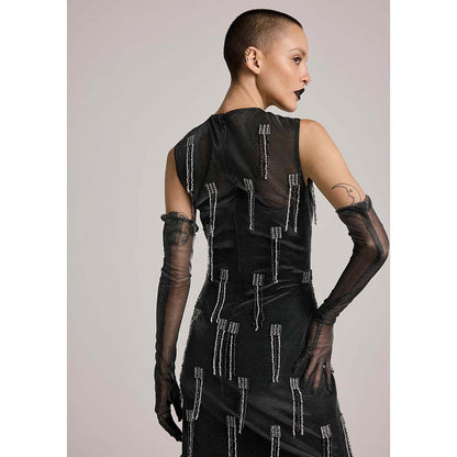 AKHL Charcoal Lurex Tulle Sequins Tassel Dress with Slip (Set of 2)