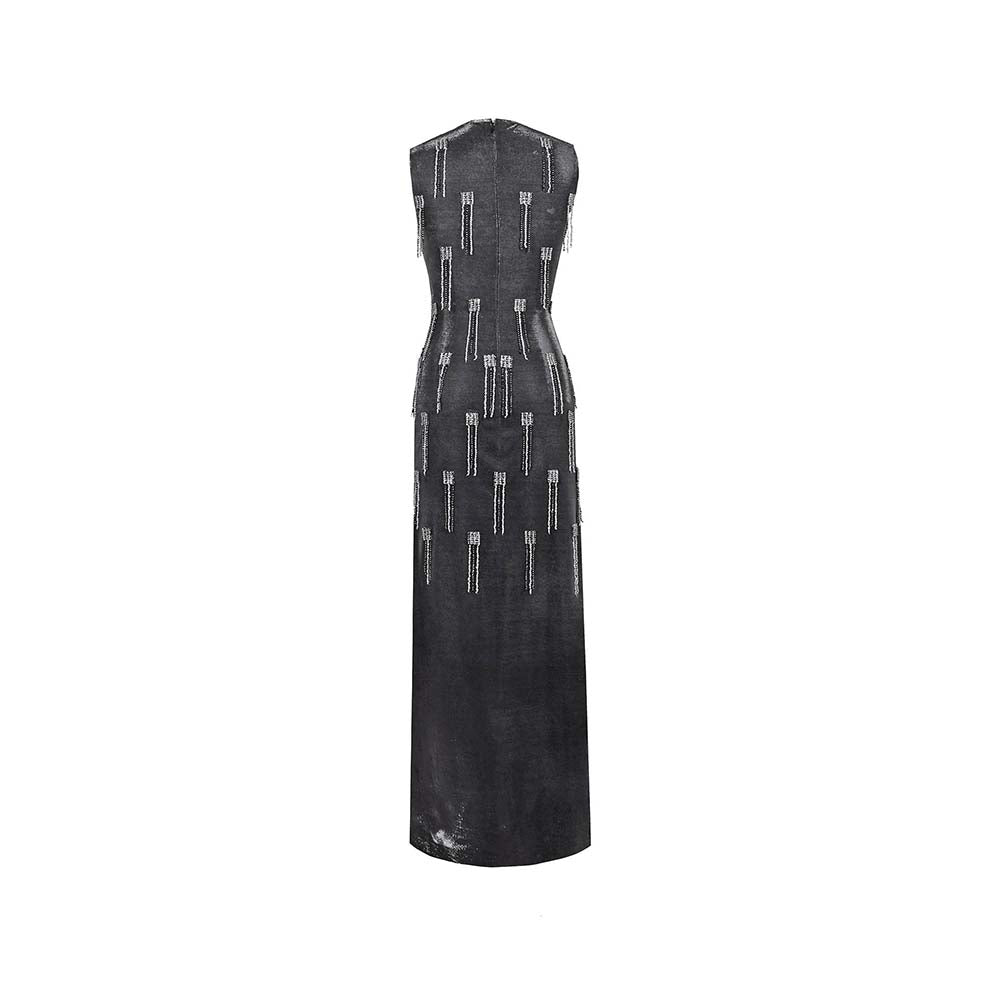 AKHL Charcoal Lurex Tulle Sequins Tassel Dress with Slip (Set of 2)