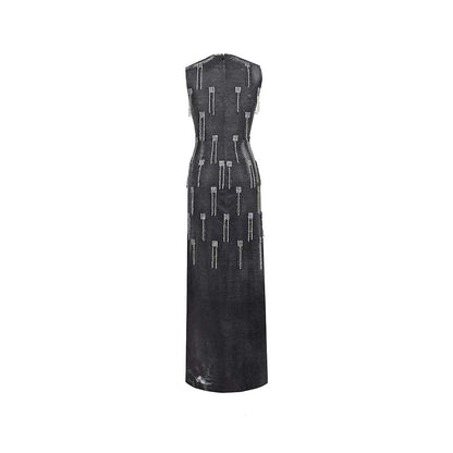 AKHL Charcoal Lurex Tulle Sequins Tassel Dress with Slip (Set of 2)