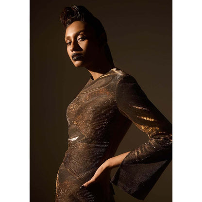 AKHL Brown Gathered Lurex Tulle Dress