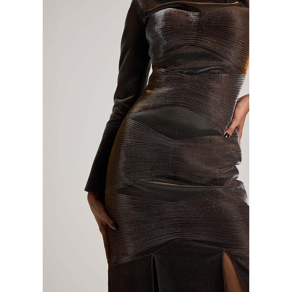 AKHL Brown Gathered Lurex Tulle Dress