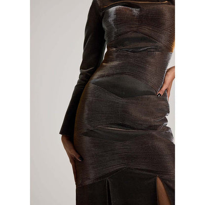 AKHL Brown Gathered Lurex Tulle Dress