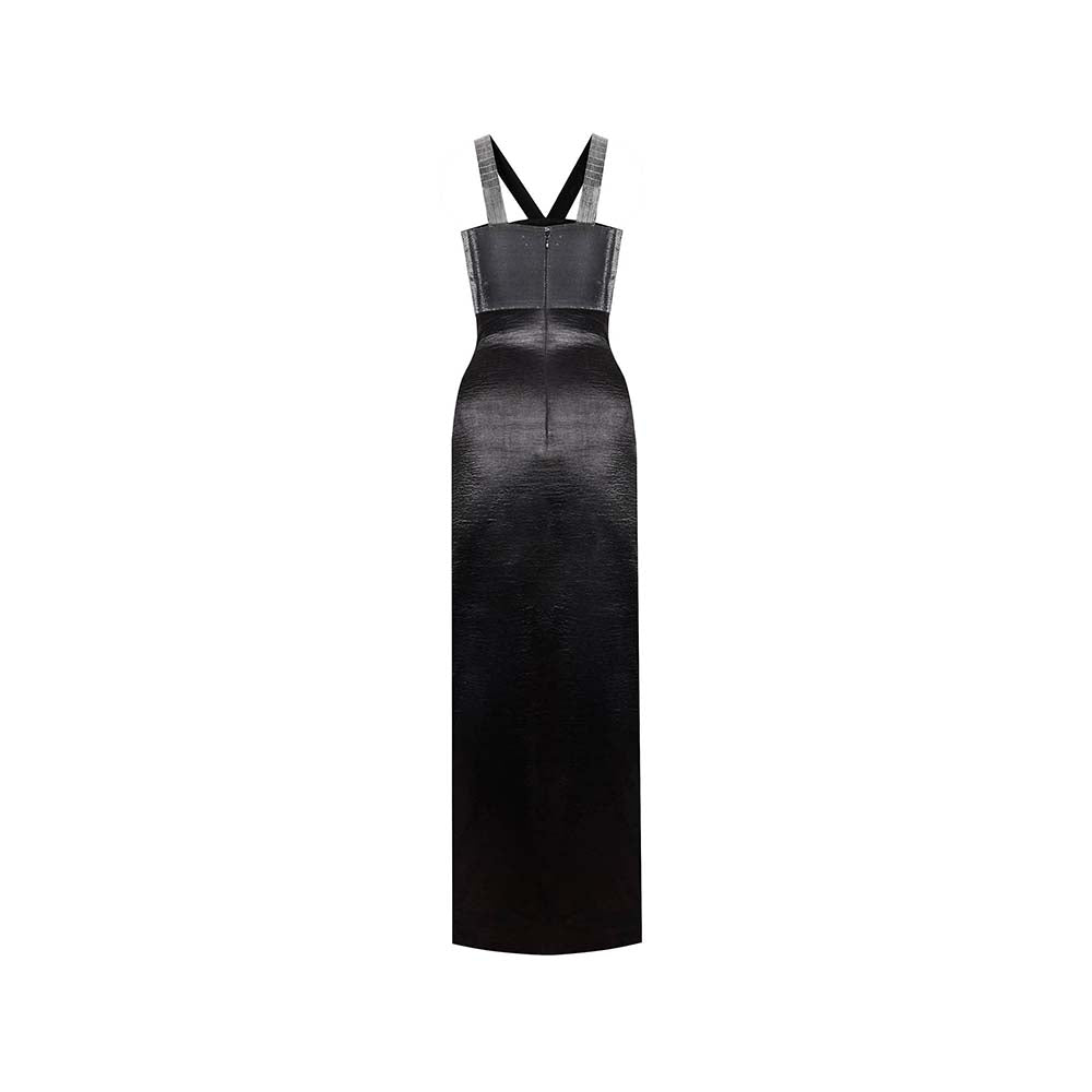 AKHL Black Textured Satin Slit Dress