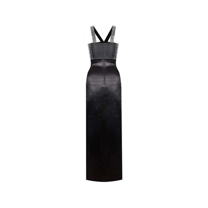 AKHL Black Textured Satin Slit Dress