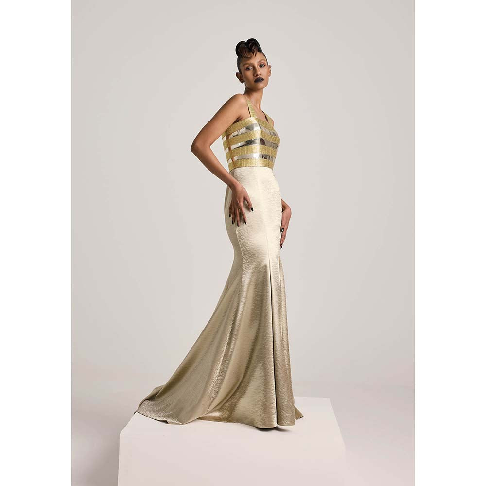 AKHL Gold Metallic Fishtail Train Dress