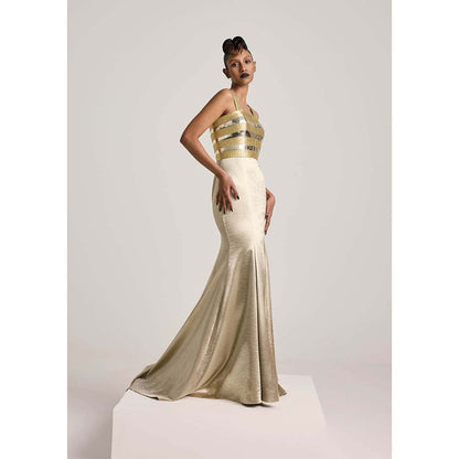 AKHL Gold Metallic Fishtail Train Dress