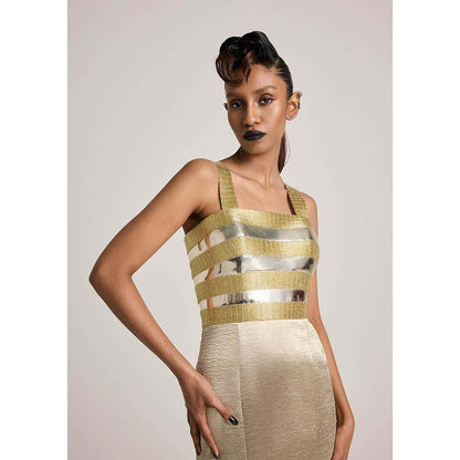 AKHL Gold Metallic Fishtail Train Dress