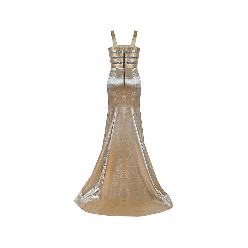 AKHL Gold Metallic Fishtail Train Dress