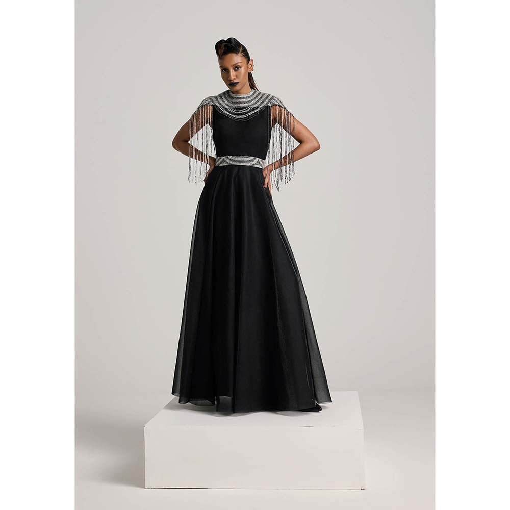 AKHL Black Sequins Tassel Cape with Dress and Belt (Set of 3)