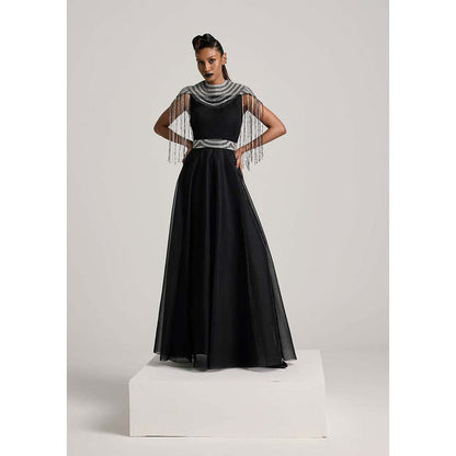 AKHL Black Sequins Tassel Cape with Dress and Belt (Set of 3)