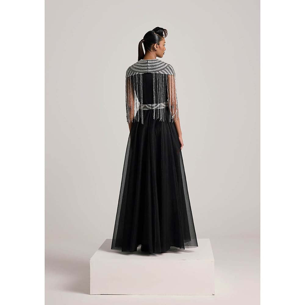 AKHL Black Sequins Tassel Cape with Dress and Belt (Set of 3)