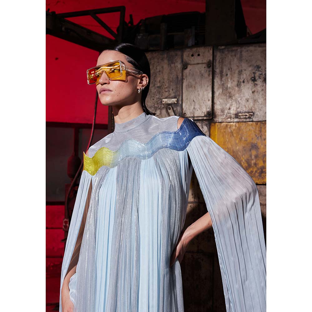 AKHL Blue Wave Glass Cape Sleeves Dress