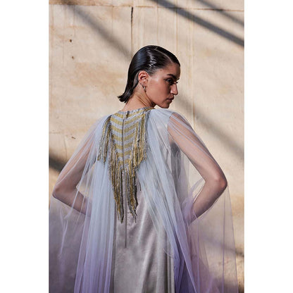 AKHL Silver Triangular Metallic Tulle Cape Sleeve Dress