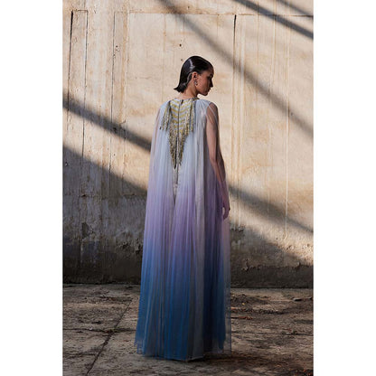 AKHL Silver Triangular Metallic Tulle Cape Sleeve Dress
