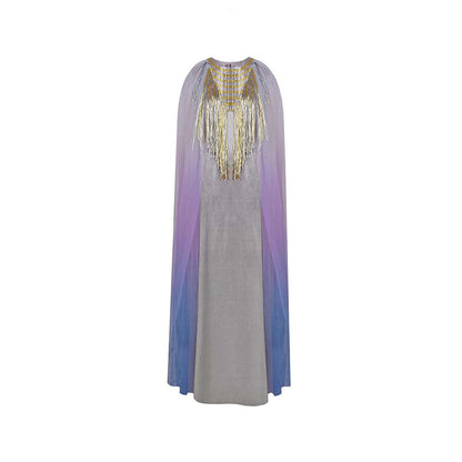 AKHL Silver Triangular Metallic Tulle Cape Sleeve Dress