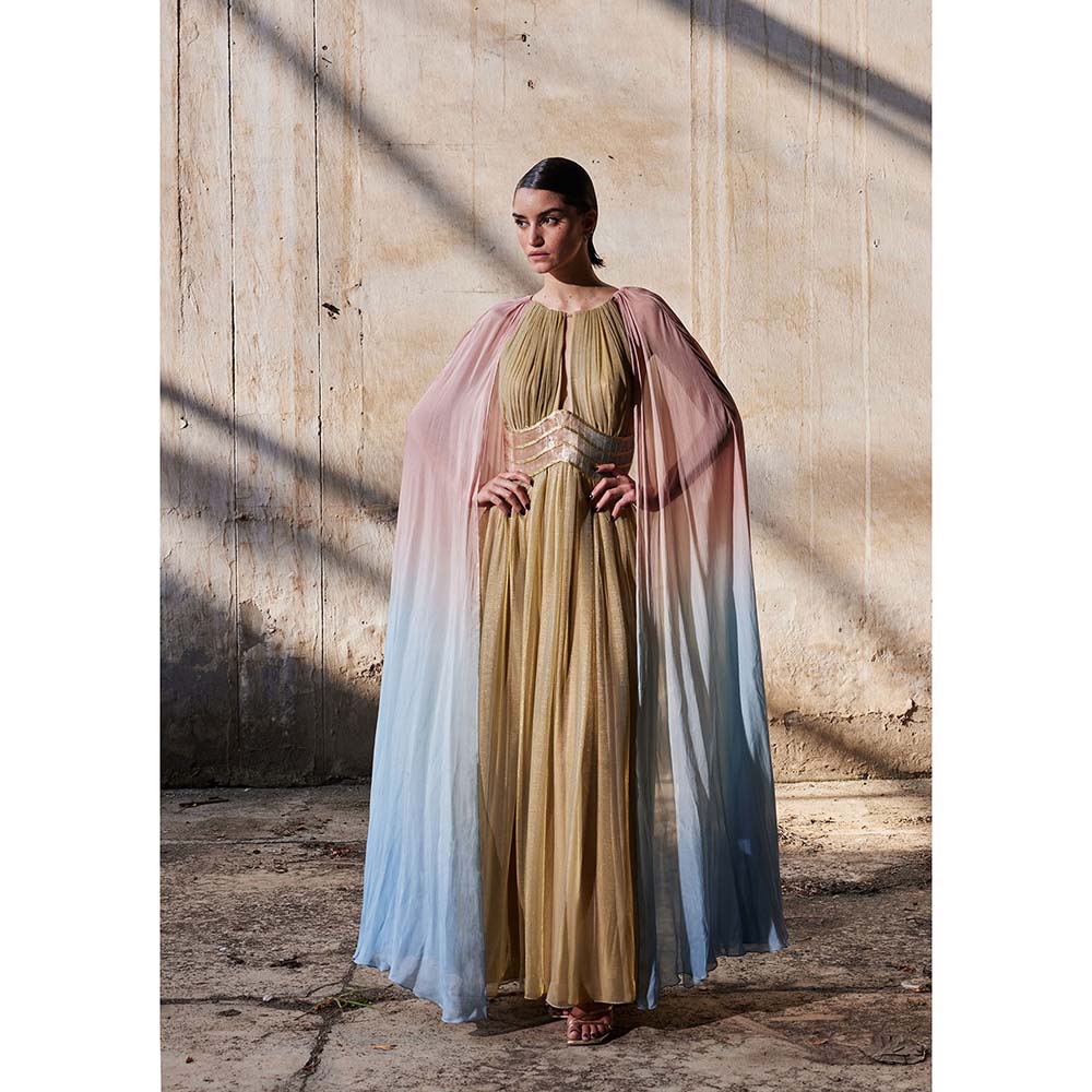 AKHL Gold Cape Sleeve Dress with Attached Belt