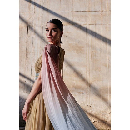 AKHL Gold Cape Sleeve Dress with Attached Belt