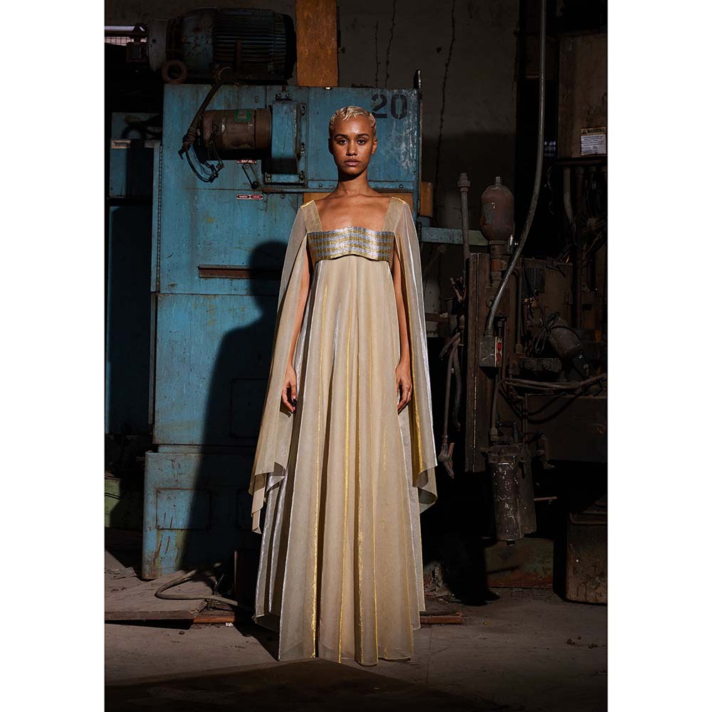 AKHL Gold Metallic Wave Cape Sleeve Dress