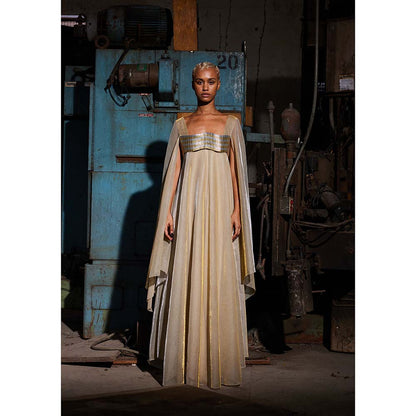 AKHL Gold Metallic Wave Cape Sleeve Dress