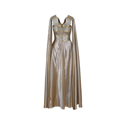 AKHL Textured Satin Cape Sleeve Gold Dress