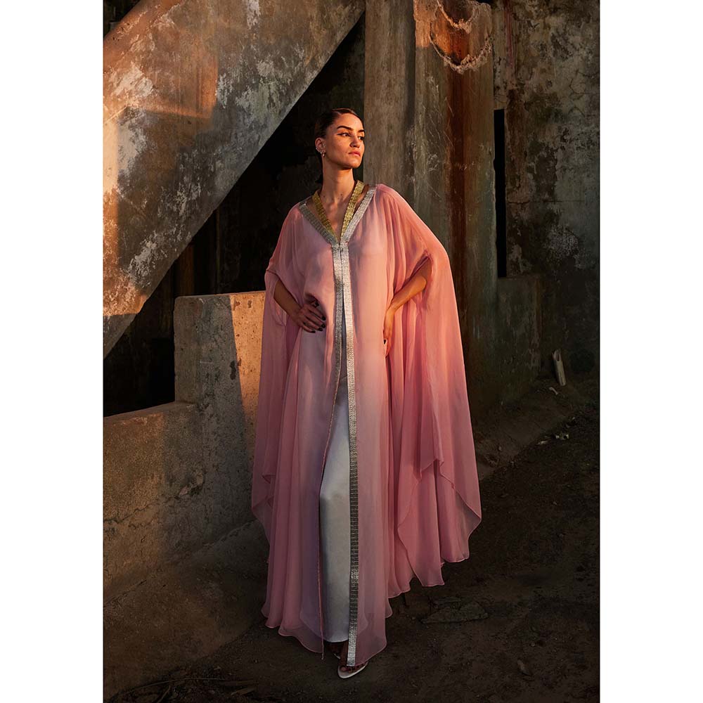 AKHL Pink Metallic Tape Organza Kaftan Dress with Slip (Set of 2)