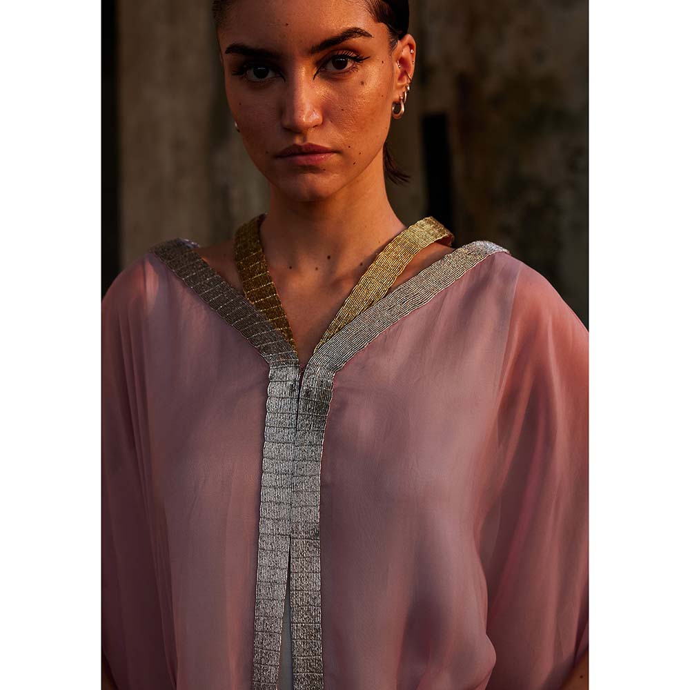 AKHL Pink Metallic Tape Organza Kaftan Dress with Slip (Set of 2)