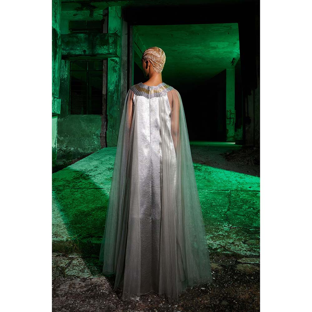 AKHL Silver Wave Metallic Yoke Tulle Dress with Attached Cape