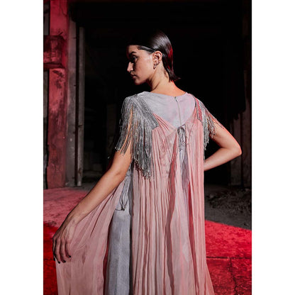 AKHL Pink Metallic Yarn Tassel Dress with Cape (Set of 2)