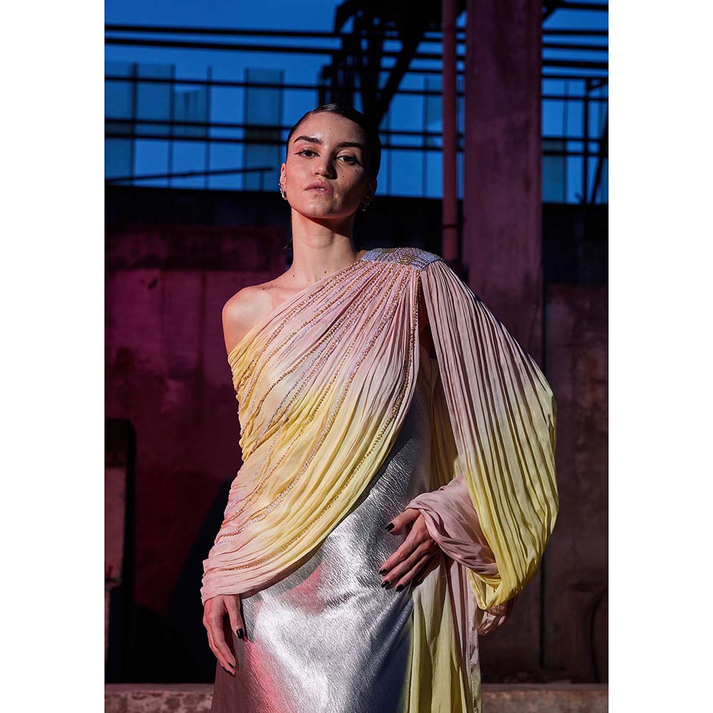 AKHL Pink Draped Chiffon Sequins Dress with Attached Draped
