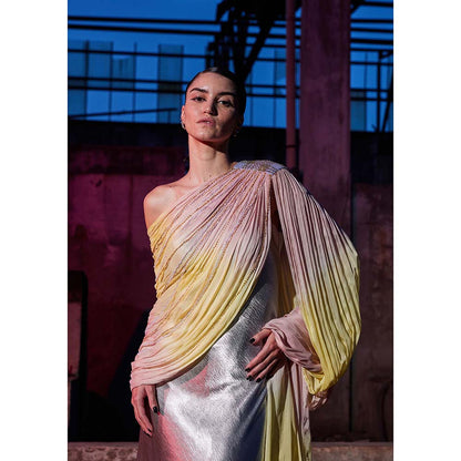 AKHL Pink Draped Chiffon Sequins Dress with Attached Draped